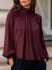 Camisa Feminina Cruzada Gola Alta Plissada Estilo Francês Solta Manga Longa Sino Toque de Luxo Comércio Exterior Para o Trabalho Top com Temperamento