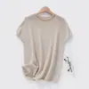 Top de Malha Redondo com Borda Enrolada Estilo Novo de Verão, Manga Curta Feminino Sem Costura Integrado Manga Raglan Camiseta Fina Top Versátil