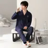 Pijama de hombre para primavera y otoño, gasa de algodón puro, manga larga, pantalón largo, cuello camisero, estilo cárdigan, conjunto simple casual para casa