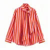 Ropa Nueva de Mujer de Primavera 2026 de Aliexpress Transfronteriza Camisa de Rayas de Manga Larga Suelta con Cuello Alto, Cordones y Decoración de Lazo