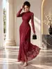 Vestido de Festa Longo de Renda Outono e Inverno para Comércio Exterior Europeu e Americano, Gola Semi-Alta Manga Longa Emagrecedor Valorizador Barra Larga