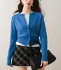Cardigan Curto de Tricô Slim Rom&Rom Design 2025 Roupa de Início de Primavera Azul Gola Redonda Preguiçoso Top de Alto Padrão