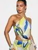 Camisola popular abstrata floral com gola halter cruzada europeia e americana para mulheres, costas nuas com alças, barra triangular em rede, top sexy