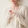 Cardigan de renda de cashmere solúvel em água, com aspecto nebuloso e enevoado, para mulheres, decote V, amigável à pele, caimento solto, tamanho grande, tricotado