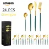 Juego de 4 cuchillos, tenedores y cucharas de acero inoxidable de Amazon transfronterizos. Cuchillo, tenedor y cuchara de acero inoxidable portugués para comida occidental. Caja de regalo de 24 piezas.