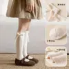 Meias Infantis Estilo Coreano, Meias Longas de Cor Sólida com Laço para Bebês, Meias de Meia-Panturrilha para Roupa de Pequena Princesa, Primavera, Malha Dupla