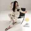Cardigan Feminino de Algodão Puro com Manga Longa para Primavera e Outono 2026 Novo Conjunto Fofo de Algodão Puro para Casa com Listras de Desenho Animado