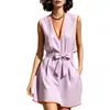 Vestido de verão elegante europeu e americano transfronteiriço Amazon 2026 novo, sem mangas, decote V, acinturado, para mulheres