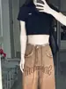 Jeans Retrô de Rua para Mulheres no Outono, Calças Largas Retas de Perna Larga, Calças de Cor Contrastante com Bainha Crua Comprimento Total, Tendência
