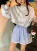 Shorts Casuais Listrados de Renda com Cintura Elástica e Perna Larga Estilo Novo Verão 2025 Dongdaemun Coreia do Sul para Mulheres