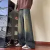 Jeans Masculino Sudeste Asiático Lavado Jeans de Perna Larga Masculino Calças Retrô Desgastadas Largas de Perna Reta Atacado
