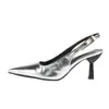 Zapatos de Tacón Alto Plateados de Estilo Europeo y Americano para Comercio Exterior Transfronterizo, Puntiagudos, Sandalias Elegantes de Punta Cerrada, Zapatos de Hada, Zapatos Slingback de Estilo Francés