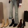 Botines Individuales Pequeños Primavera y Otoño Nuevo Estilo Francés Cierre Trasero Tacón Grueso Botines Ajustados Elásticos Punta Cuadrada 2025 Botines Cortos de Tacón Alto Botines de Tobillo para Mujer
