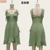 Vestido camisola de algodón puro para mujer, corte ajustado, con escote en V, tirantes de amarre, volantes y diseño asimétrico de estilo resort, transfronterizo