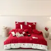 Conjunto de Algodão para Casamento de Quatro Peças, Algodão de Fibra Longa de Alta Contagem de Fios, Capa de Edredom de Casamento, Lençol, Roupa de Cama Vermelha para a Noiva