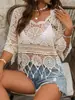 Malha de cobertura de praia vazada transfronteiriça europeia e americana com bordado de renda, gola redonda casual, manga curta, franjada, roupas de verão femininas