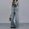 Jeans feminino transfronteiriço 2026, perna larga solta, fluido, bordado, lavado, azul vintage, calça comprida, azul, comprimento estendido, Yichun