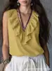 2026 Verão Europeu e Americano Transfronteiriço Amazon Nova Blusa Elegante de Cor Sólida Sem Mangas com Decote V e Babados Moda