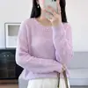 Suéter de punto de algodón puro con cuello redondo, nuevo para principios de otoño 2026, de manga larga para mujer, color liso, hueco, holgado, versátil, camiseta básica