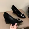 Sandália Anabela com Strass Feminina 2026 Outono Novo Solado Grosso Fosco Sapatos Femininos Salto Alto Feminino Bico Fino Preto