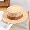 Sombrero de paja Lafite decorativo con cinta para primavera y verano 2024, de copa plana, ala plana, sombrero pequeño tipo bombín fresco, a prueba de sol, sombrero de copa plana para mujer