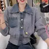 Novo top casual feminino outono e inverno com gola POLO, jaqueta de duas peças falsas com gola jeans emendada, cardigã de tricô, moderno