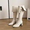 Botas de couro dobráveis e de cano alto com salto grosso, bota de cano alto para mulheres, nova bota de montaria afunilada para outono e inverno, botas de salto alto estilosas acima do joelho