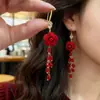 Pendientes de Flor Vintage de Terciopelo Rojo Pendientes de Botón Colgante de Perla Lujo Ligero Lazo Boda Vestido de Novia Vestido de Brindis
