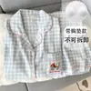 Pijama de Algodão Nuvem para Primavera e Outono Feminino, Conjunto Minimalista com Gola de Renda, Xadrez Azul Claro, Modelagem Solta, Tamanho Grande, Calça de Manga Longa, Roupa de Casa