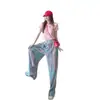 Moda Verão Calças de Corte Reto Tendência Tie-Dye Calças Casuais Longas de Cintura Alta Soltas com Caimento Comprimento Total Calças de Perna Larga para Mulheres