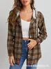 2021 Amazon Outono Cardigan com Capuz de Algodão Xadrez Gola Redonda Manga Longa de Botão Único Top Camisa Casual Tendência Feminina