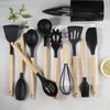 Amazon Más Vendido Cubo de Almacenamiento Negro Caqui Mango de Madera Utensilios de Cocina de Silicona Juego de 11 Piezas Utensilios de Cocina Juego para Cocinar