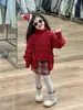 Invierno 2024 nuevo ropa infantil coreana para niñas suéter festivo de lana con cuello alto suéter de lana a cuadros falda de lana