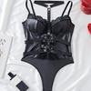 7183 Nuevo Traje Enterizo Sexy de Moda de Encaje con Empalme de Cuero PU de Amazon para una Figura Adelgazante con Recortes