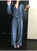 Conjunto de duas peças para mulheres: moletom com zíper e capuz estilo retrô americano e calça de perna larga, adequado para primavera e outono, casual, modelagem solta e emagrecimento, conjunto esportivo