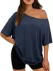 Sitio Independiente de Amazon En Stock Color Sólido Estilo Europeo y Americano Hombros Descubiertos Camiseta de Mujer Ebay Moda Cuello Redondo Manga Corta Comercio Exterior Venta al por Mayor