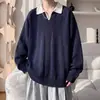 Suéter Masculino de Lã Tricô Bloco de Cores com Lapela Estilo Old Money Outono/Inverno Tamanho Plus Size Tendência Solto Casual Quente