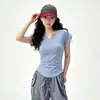 Top de yoga con cuello en V para mujer, de manga corta, entallado en la cintura, plisado, adelgazante, de secado rápido, transpirable, adecuado para entrenamiento de Pilates y fitness
