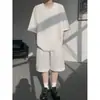 Conjunto de camiseta e shorts de linho e seda gelada masculinos de verão, plus size, manga curta, casual e oversized, com design de gola V