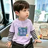 Camiseta de Manga Larga Rayada Patchwork de Dibujos Animados para Niños, Algodón Puro para Primavera y Otoño, Estilo Coreano, Holgada, Moderna, Camiseta Básica Informal para Niños