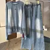 Conjunto de Moletom Jeans Estilo Relaxado com Calça Wide Leg Feminino Primavera & Outono Conjunto de Duas Peças, Conjunto Esportivo Casual