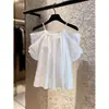 Blusa Feminina Tamanho Plus com Cordão, Alça de Ombro Caída, Manga Curta, Estilo Novo de Verão, Caimento Solto, Emagrecedora, Fashion, Versátil