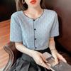 Camisa de manga corta de punto de color liso de verano con estilo transfronterizo para mujer, diseño con sentido de la moda, estilo retro suave, ropa superior corta