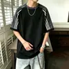 Camiseta Deportiva de Algodón Puro Manga Corta Color Block con Tres Rayas Estilo Americano para Hombres y Mujeres, Verano, Peso Pesado, Cuello Redondo, Holgada, Casual, Estilo Moderno