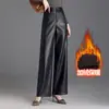 Pantalones de Piel para Mujer de Alta Gama, Nuevos para Invierno 2026, Forrados de Polar, de Cintura Alta, Pantalones de Pierna Ancha a la Moda y con Estilo, Pantalones Largos Rectos Versátiles, Tendencia