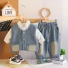 Conjunto Masculino Primavera e Outono Roupas de Outono para Bebê Roupa Infantil Meninos Novo Colete Jeans Camisa Manga Longa Conjunto de Três Peças
