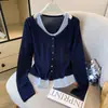 Nova Blusa de Tricô Falsa de Duas Peças Color Block para Primavera e Outono Feminina, Top Emagrecedor e Estiloso, Cinza Tamanho Único, Azul Marinho
