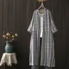 Vestido de Gasa de Doble Capa Holgado Talla Grande con Cuello Alto 2026, Cárdigan Holgado Estilo Bosque Vestido a Cuadros de Manga Larga, Estilo Artístico