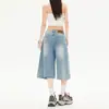 Calça Jeans Wide-Leg Americana de Verão com Caimento para Pessoas Baixas Solta Sete Pontos Calça Sete Pontos Azul Claro Tingida com Padrão Yi Chun