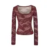 Blusa de Renda com Manga Longa, Gola U em Relevo Dupla Camada Estilo Desejo Puro, Fashion e Versátil, Roupa Íntima Curta Slim Fit, Camiseta Básica para Menina Estilosa